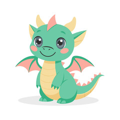 Cute cartoon dragon. Baby dragon or dinosaur cute character. Fairytale monster. Illustration, print
