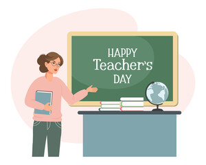 Female teacher in the classroom. The concept of school and learning, teacher's day, back to school.  Illustration in flat style