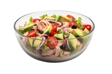 Tuna Avocado Salad Isolated pieces on a white background Shows various types of salad vegetables. Crushed canned tuna Sliced avocado, tomatoes and a clear mayonnaise dressing