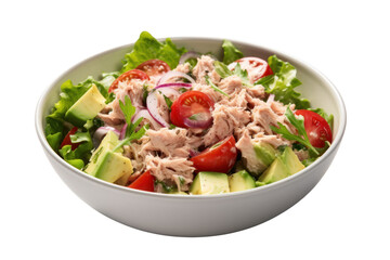 Tuna Avocado Salad Isolated pieces on a white background Shows various types of salad vegetables. Crushed canned tuna Sliced avocado, tomatoes and a clear mayonnaise dressing