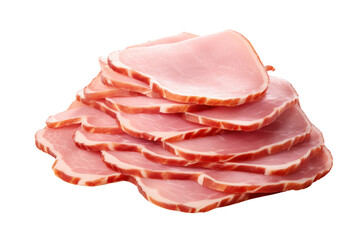 Thinly sliced ham isolated on white background Shows clearly the texture, color and fat texture of the ham. Isolated on white background.