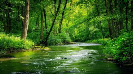 Fototapeta premium Tranquil Forest Stream in Vibrant Green Hues - A peaceful forest scene featuring a flowing stream amidst lush green foliage, capturing the beauty of nature's tranquility. - A peaceful forest scene fea