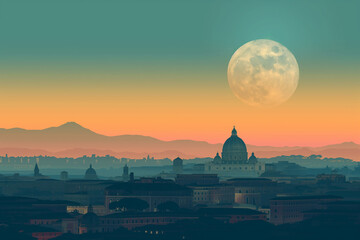 Obraz premium City Silhouette at Dusk, Roma Silhouette, Italy City, Classical European architecture, Sunset over the city