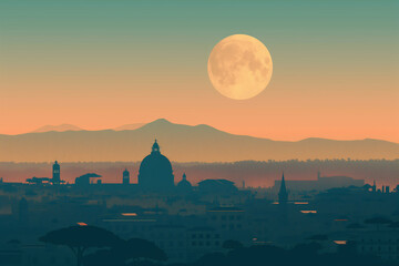 Obraz premium City Silhouette at Dusk, Roma Silhouette, Italy City, Classical European architecture, Sunset over the city