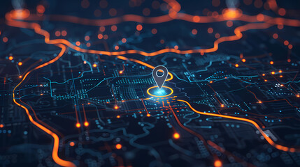 Abstract digital map with location pin icon on hologram background