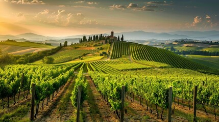 Fototapeta premium Vineyards in Tuscany Under Golden Hour - A panoramic view of rolling vineyards in Tuscany, Italy, illuminated by the golden light of the setting sun. - A panoramic view of rolling vineyards in Tuscany