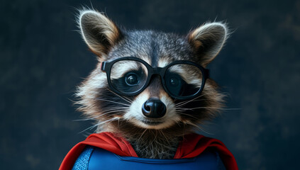 Close up portrait of a raccoon in a superman costume wearing glasses. Funny character for your game or story	
