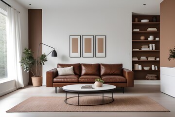 Living room interior with brown couch and white wall. Generative ai