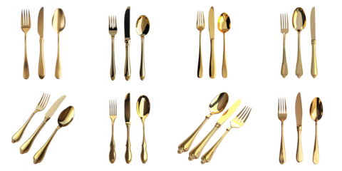 Golden spoon fork knife png isolated set in 3d transparent using for presentation.