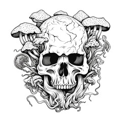 Bold outline of magic mushrooms growing on a skull