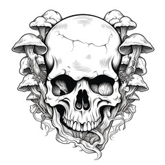 Bold outline of magic mushrooms growing on a skull