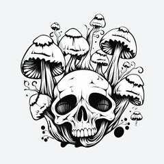 Bold outline of magic mushrooms growing on a skull