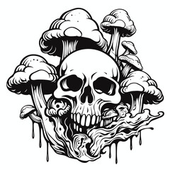 Bold outline of magic mushrooms growing on a skull