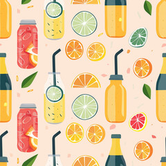 Seamless looping mosaic background of cartoon juice drink elements