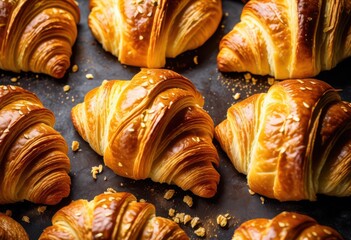 Fototapeta premium golden croissants arranged baking freshly baked pastries ready eat, sheet, delicious, tasty, breakfast, food, french, bakery, homemade, flaky, buttery, crispy