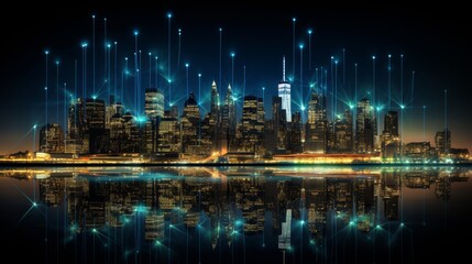 Futuristic financial analysis  glowing forex candlestick chart over cityscape at night