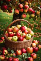basket freshly picked harvested fruits woven container, apples, food, organic, ripe, red, healthy, agriculture, produce, autumn, seasonal, farm, orchard