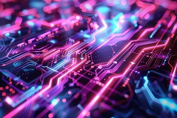 Fototapeta premium Close-up view of a neon circuit board with glowing lines and dot