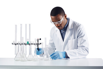 Photograph of an engineer wearing a lab coat Checking product quality Shows sensitivity and responsibility. on a white background