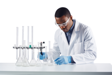 Photograph of an engineer wearing a lab coat Checking product quality Shows sensitivity and responsibility. on a white background