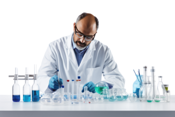 Photograph of an engineer wearing a lab coat Checking product quality Shows sensitivity and responsibility. on a white background
