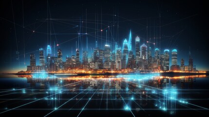 Futuristic cityscape with glowing forex candlestick chart  dynamic financial analysis environment