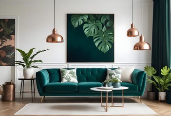 Warm and Cozy Composition of spring living room interior with mock-up poster frame, wooden sideboard, white sofa, green stand, base with leaves, plants, and stylish lamp. Generative AI