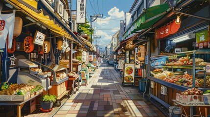 Japanese street market filled with vibrant food stalls and colorful street foods, capturing the essence of local cuisine