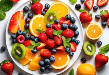 colorful seasonal fruit platter fresh mint leaves white plate, ripe, juicy, vibrant, assorted, appetizing, nutritious, snack, dessert, arrangement