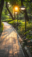 Lush public park with solar powered lanterns and water efficient irrigation