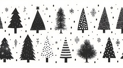 Stylized Minimalist Winter Landscape with Abstract Christmas Trees and Snowflakes