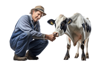 Photo of farmer milking cows on white background show a gentle demeanor Shows care for animals