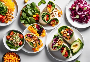 fresh healthy wraps served clean white plates balanced diet meals, salubrious, wholesome, vegetables, chicken, spinach, tomato, lunch, dinner, restaurant