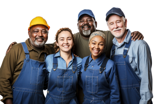 Photo of smiling factory workers on a white background Expresses happiness and contentment