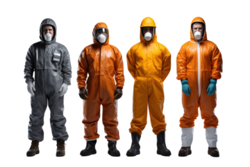 Photo of factory workers wearing safety protection suits on a white background Demonstrate safety and professionalism