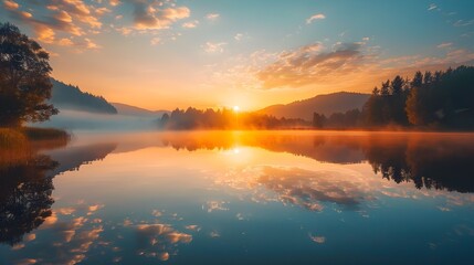 Obraz premium Serene Sunrise Reflecting on a Tranquil Lake in the Mountains Symbolizing New Beginnings