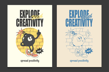 retro 30s poster  with a bomb mascot cartoon character, vector illustration