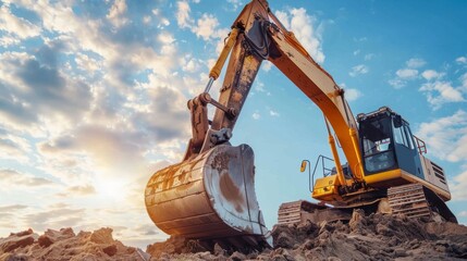 An excavator bucket captured in a close up while working, with a sky background, with copy space