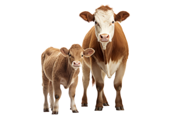 Mother cow and calf standing warmly side by side Emphasizes the close relationship between mother cow and calf. Conveys love and family, isolated on white background.