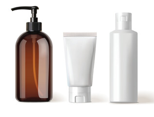 Realistic bottle cosmetics set, packaging mockup, vector	