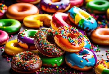 colorful sprinkles adorn glazed sweet treats dessert bakery display, rainbow, lgbtq, lgbt, pride, love, equality, doughnut, food, confectionery, sugar, pastry