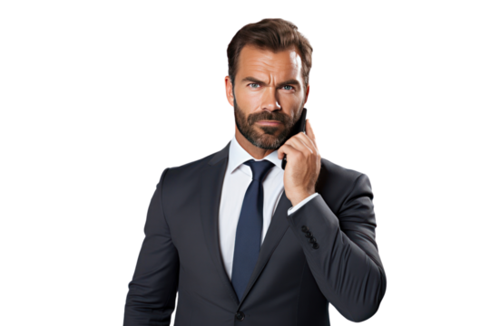 Male businessman looks confident, agreeable and ready to start something new. Thumbs up, showing "OK" sign on white background.