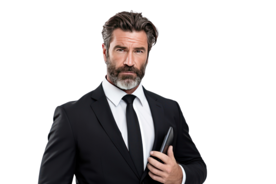 Male businessman looks confident, agreeable and ready to start something new. Thumbs up, showing "OK" sign on white background.