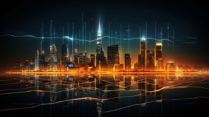 Futuristic forex candlestick chart over cityscape, dynamic financial analysis environment