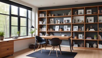 Modern study room area home interior design and decoration ideas house beautiful background, home studio with natural daylight. Generative AI