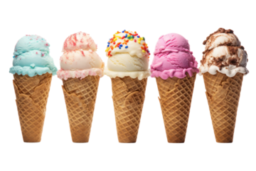 large ice cream cone Isolated pieces on a white background It clearly shows different flavors of ice cream, waffle cones, and toppings.