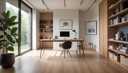 Fototapeta premium Office with a Desk, Chair, and Large Windows Overlooking a Garden