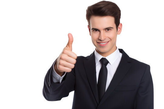 Male businessman looks confident, agreeable and ready to start something new. Thumbs up, showing "OK" sign on white background.