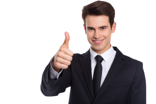 Male businessman looks confident, agreeable and ready to start something new. Thumbs up, showing "OK" sign on white background.