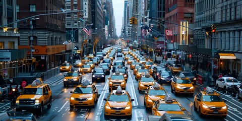 Yellow Taxis Lined Up on a Busy Street in New York City